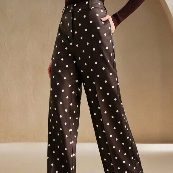 Brown Casual Women's Polka Dot High Waist Drape Suit Pants - Picture 2 of 7